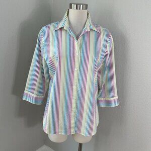 Foxcroft Womens 10 Wrinkle Free Striped Button Up Shirt 3/4 Sleeves Blouse Top